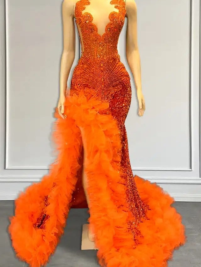 Orange Sleeveless Mermaid Prom Dress with Side Slit and Tulle Beadings
