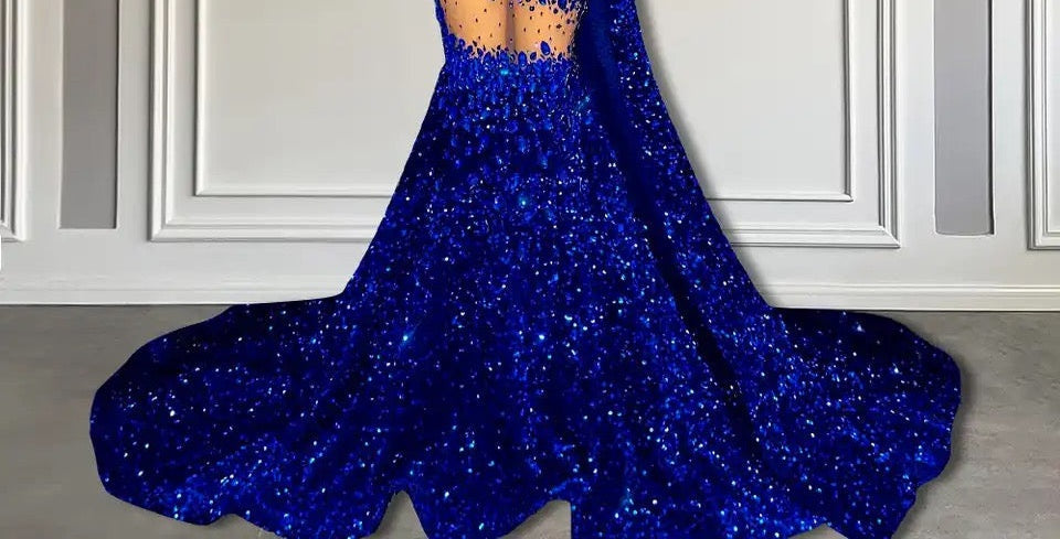 V-Neck Sequins Prom Dress Mermaid Sleeveless Crystal.