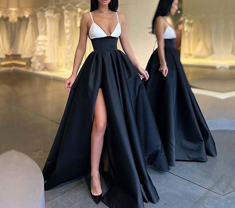 Elegant Spaghetti-Straps Black and White Prom Dress Long With Slit