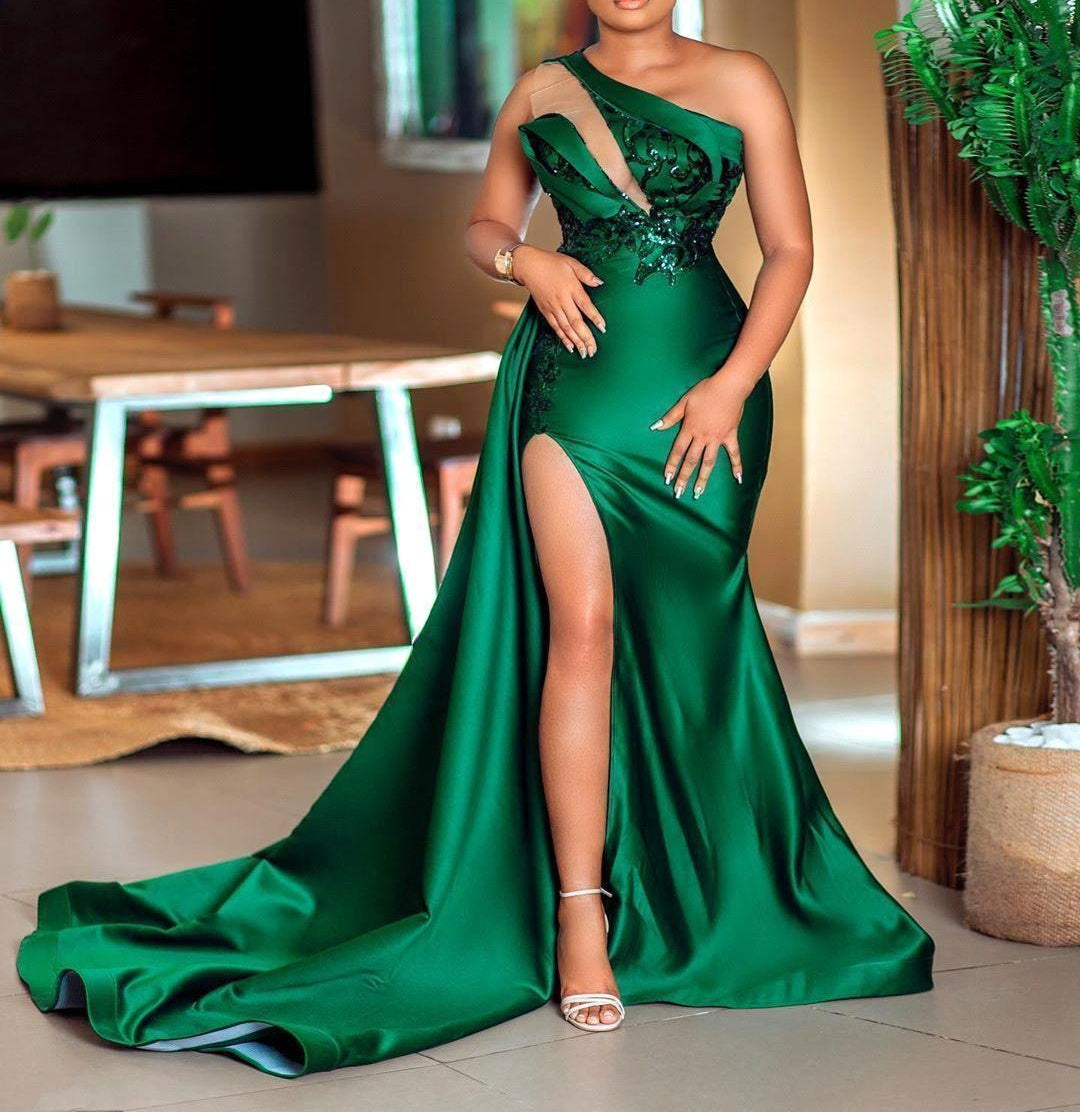 Dark green Plunging V neck One shoulder High split Mermaid Prom Dress