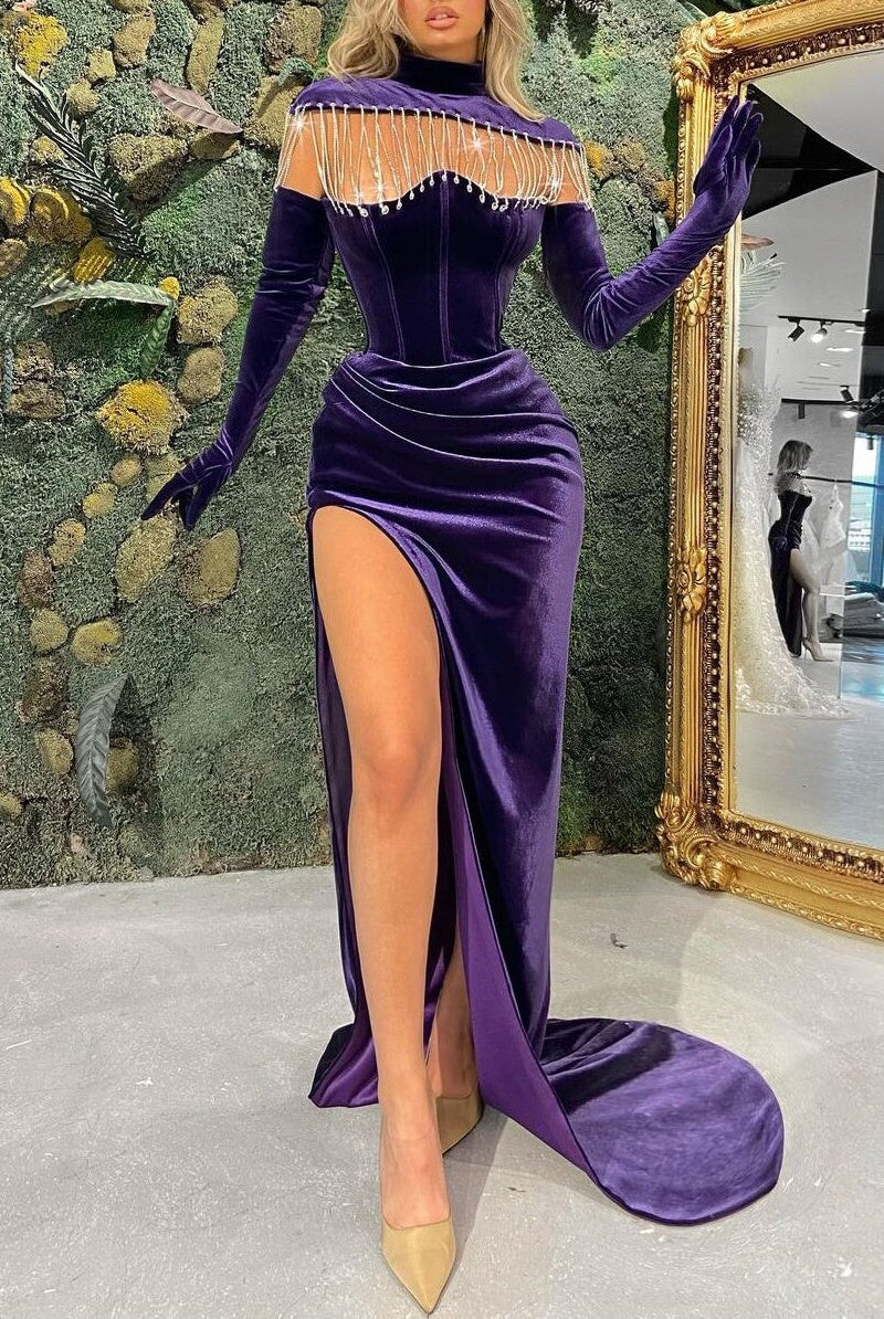 Regency Long Sleeves High Neck Prom Dress Mermaid Long With Slit