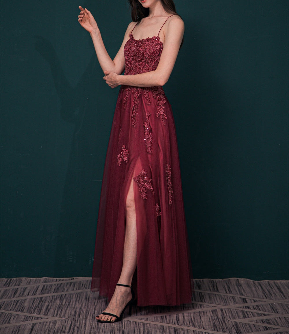 Burgundy Spaghetti Strap Lace Appliques High split Prom Dress