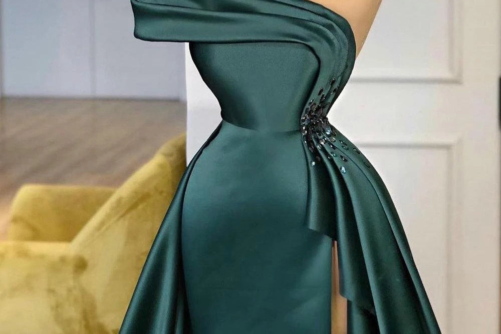 Long Dark Green Satin Prom Dresses Elegant Split Evening Gowns