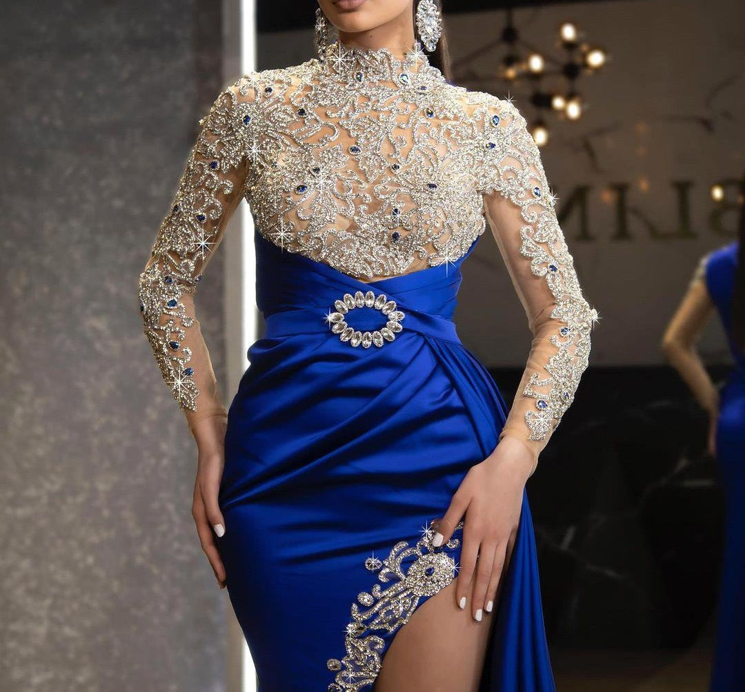 Long sleeves Royal blue High split Sparkle beaded Prom Dresses