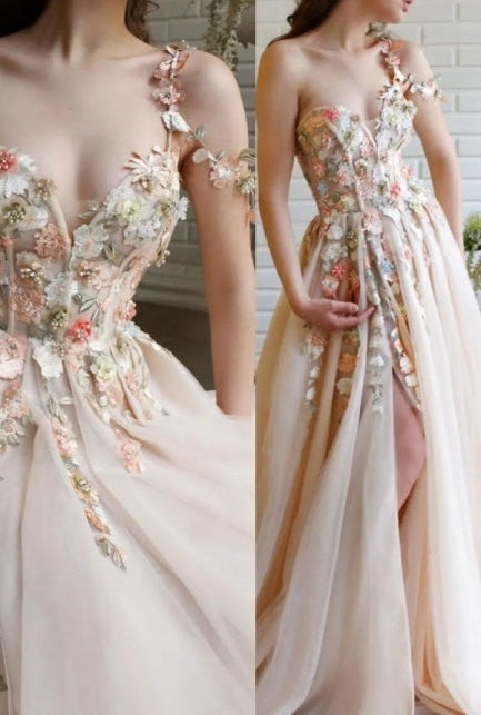 ombreprom Modern One Shoulder Flowers Prom Dress With Slit Long