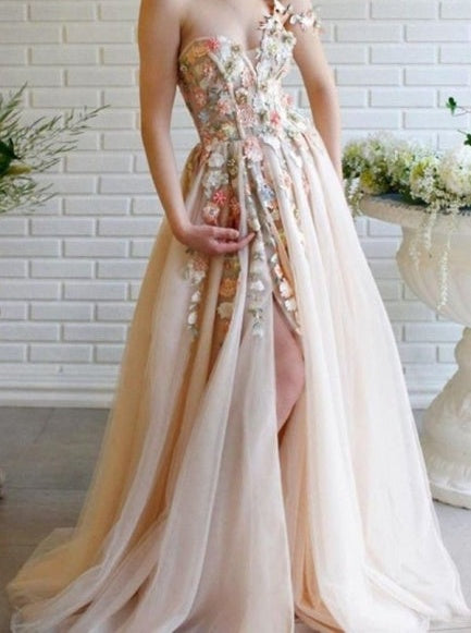 ombreprom Modern One Shoulder Flowers Prom Dress With Slit Long
