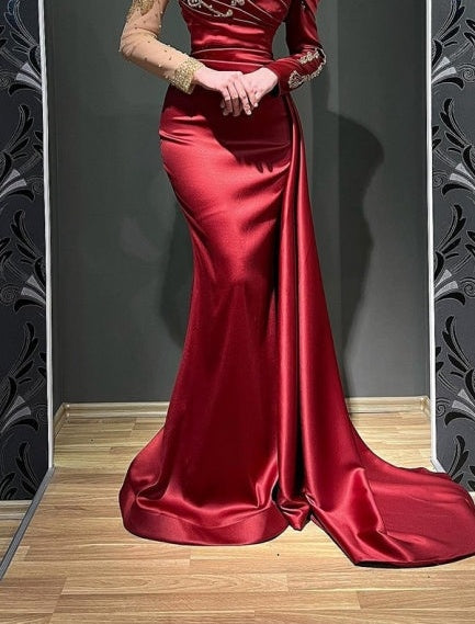 Ruby Long Sleeves Mermaid Stretch Satin Evening Prom Dresses with Ruffles