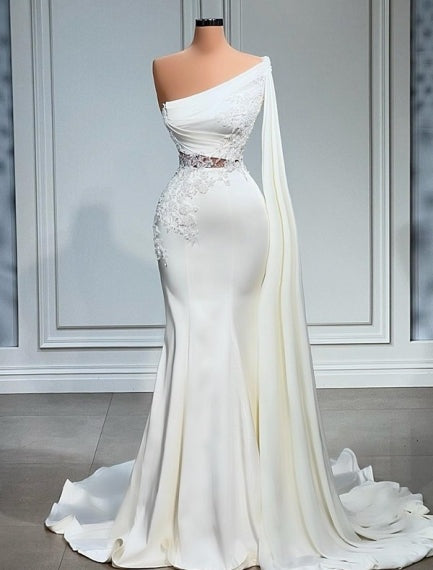 White Asymmetric One Shoulder Mermaid Stretch Satin Evening Prom Dresses