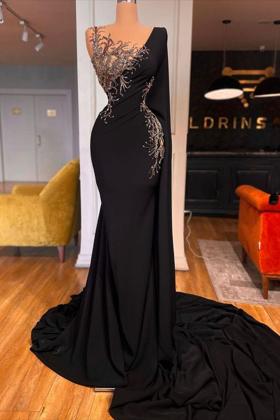Elegant Long Black Mermaid Beading Lace Prom Dresses