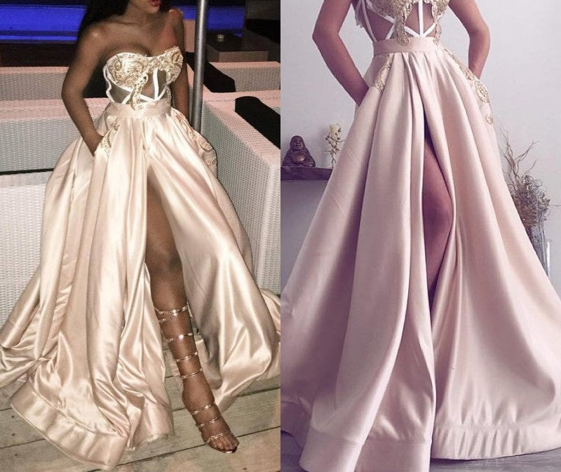 Gorgeous Sweetheart Long Prom Dress Slit Evening Gowns Appliques