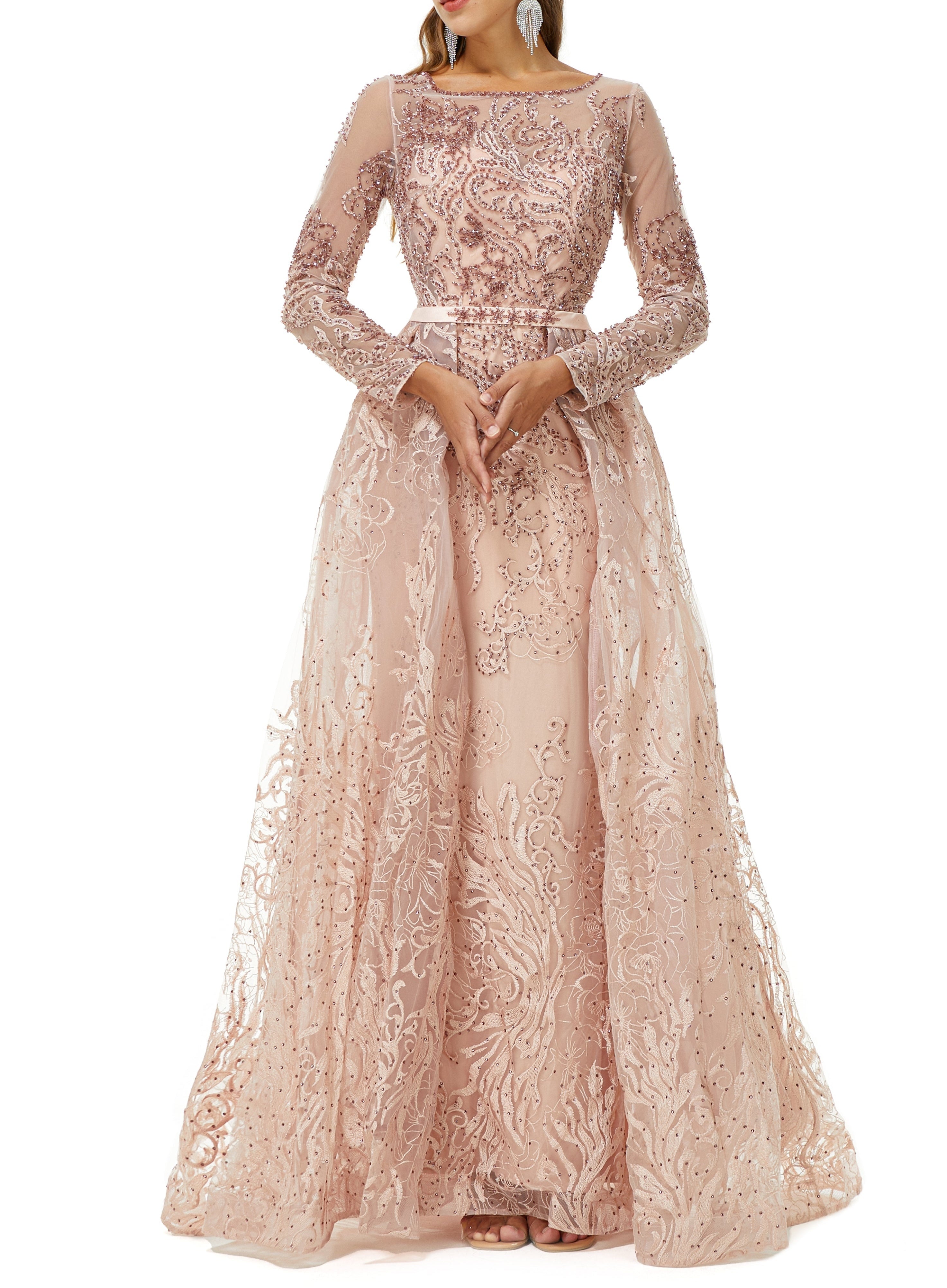 ombreprom Design | Sparkle Beaded Mermaid Long sleeves Prom Dresses with Overskirt