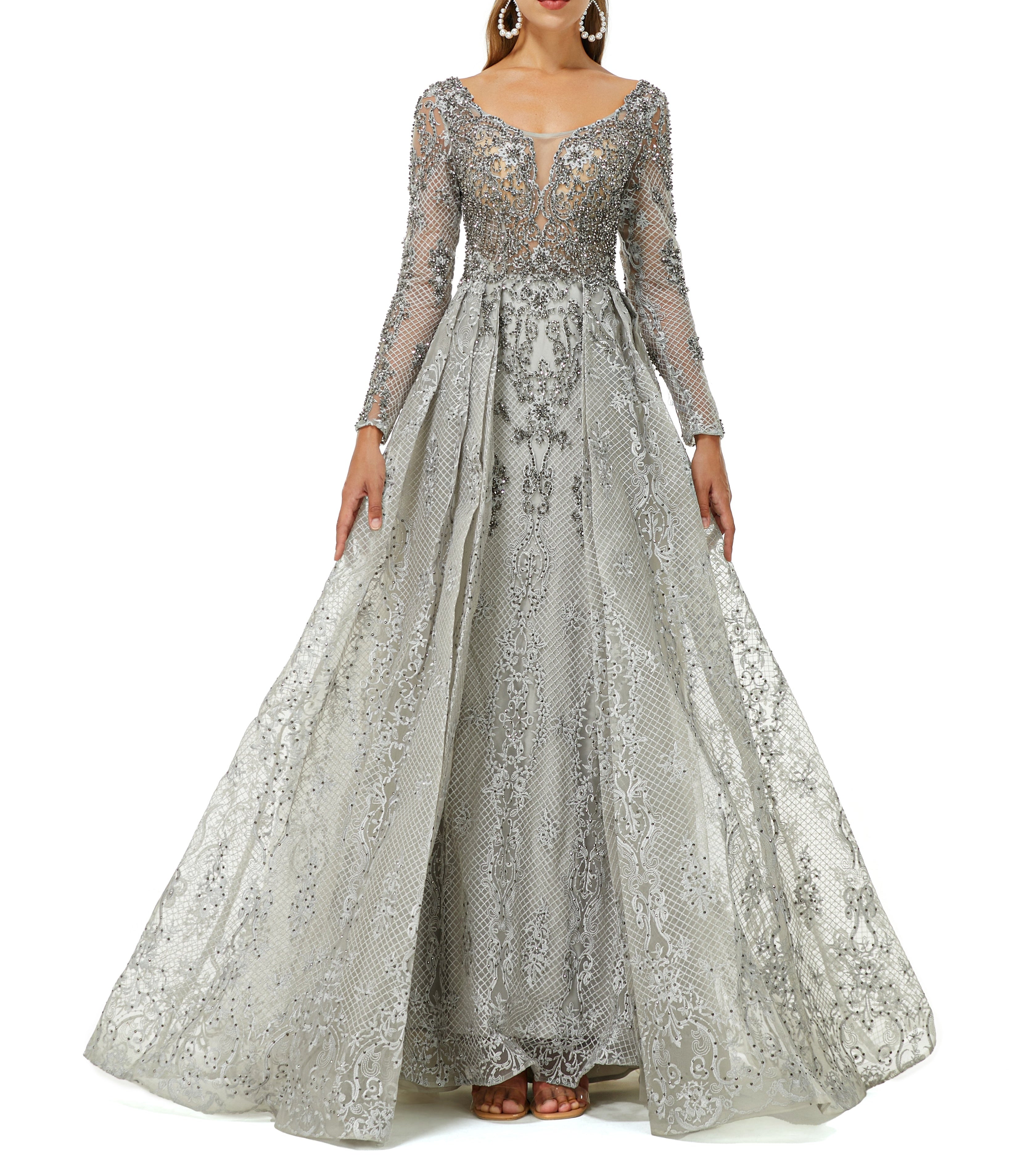 ombreprom Design | Sparkle Dusty Blue Beaded Mermaid Long sleeves Prom Dresses with Overskirt