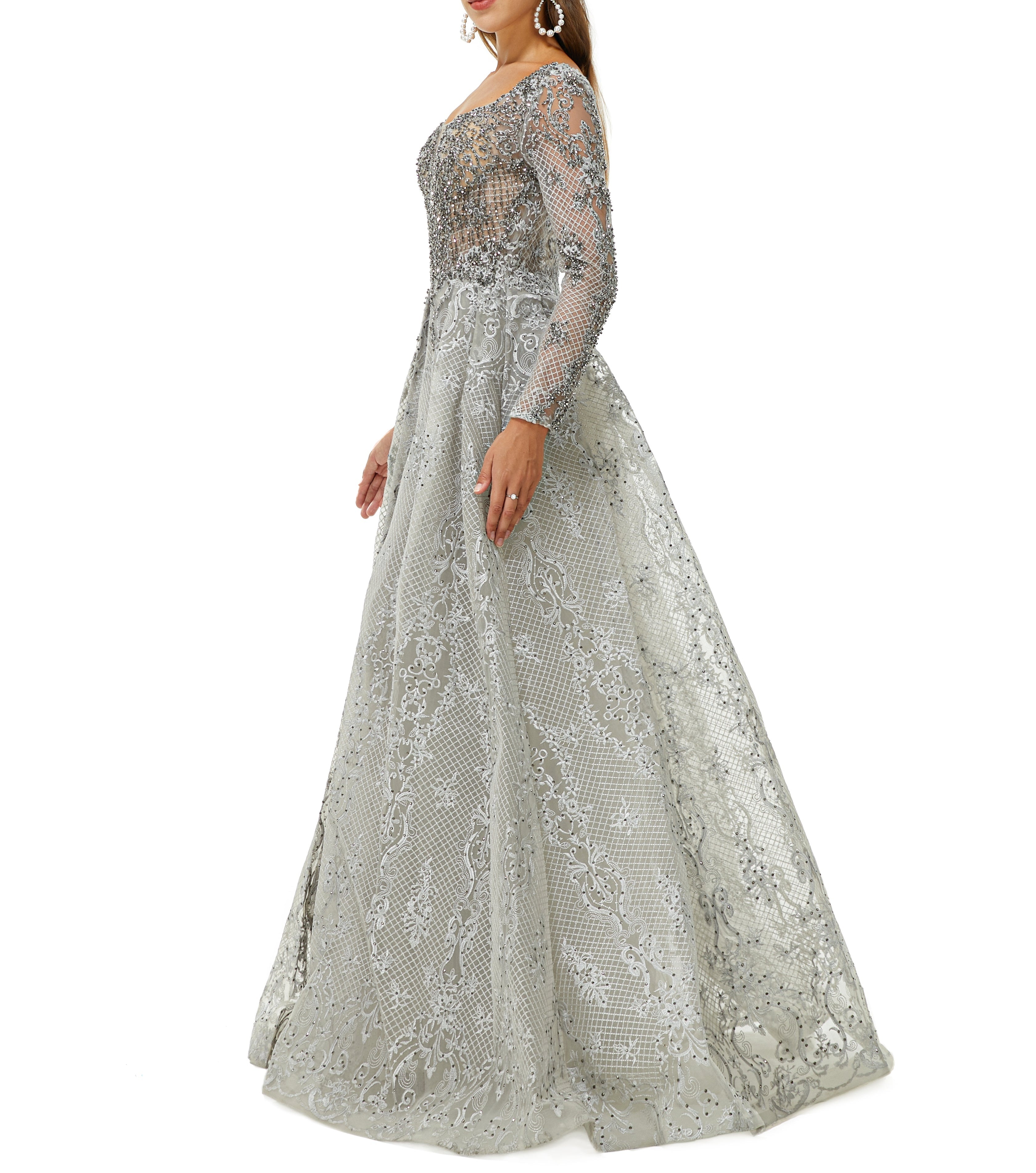 ombreprom Design | Sparkle Dusty Blue Beaded Mermaid Long sleeves Prom Dresses with Overskirt