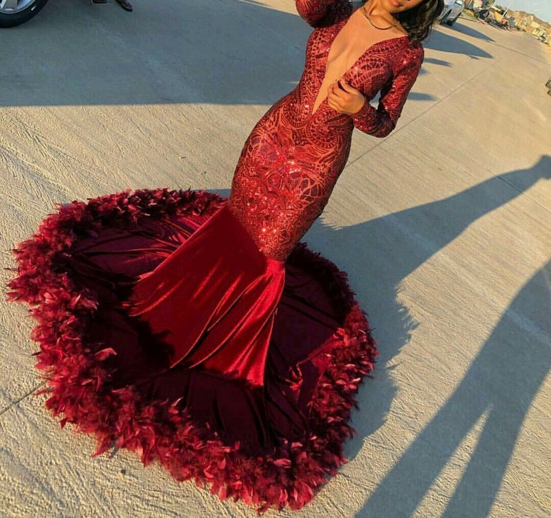 Gorgeous Long Sleeves Burgundy Lace Sequins Prom Dress Mermaid With Feather