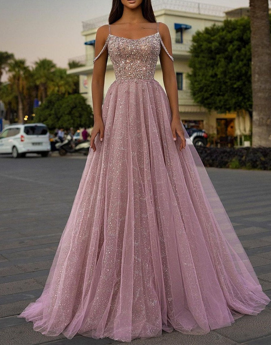 Sparkle Beaded Spaghetti straps A-line Pink Princess Prom Dress