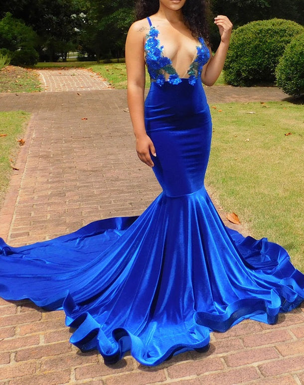 Deep V-neck Royal Blue SPAGHETTI STRAPS Mermaid Flowers Prom Dresses