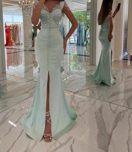 Gorgeous Mint Sequins Prom Dress Straps Long Mermaid Holiday Dress With Slit