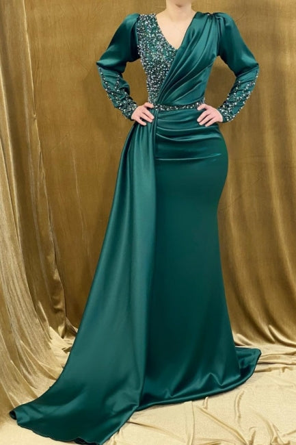 ombreprom Modern Beading Mermaid Prom Dress With Long Sleeves Long Green V-neck