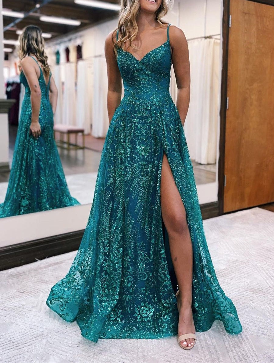 Elegant Long A-line Spaghetti Straps Lace Sleeveless Evening Prom Dresses With Slit