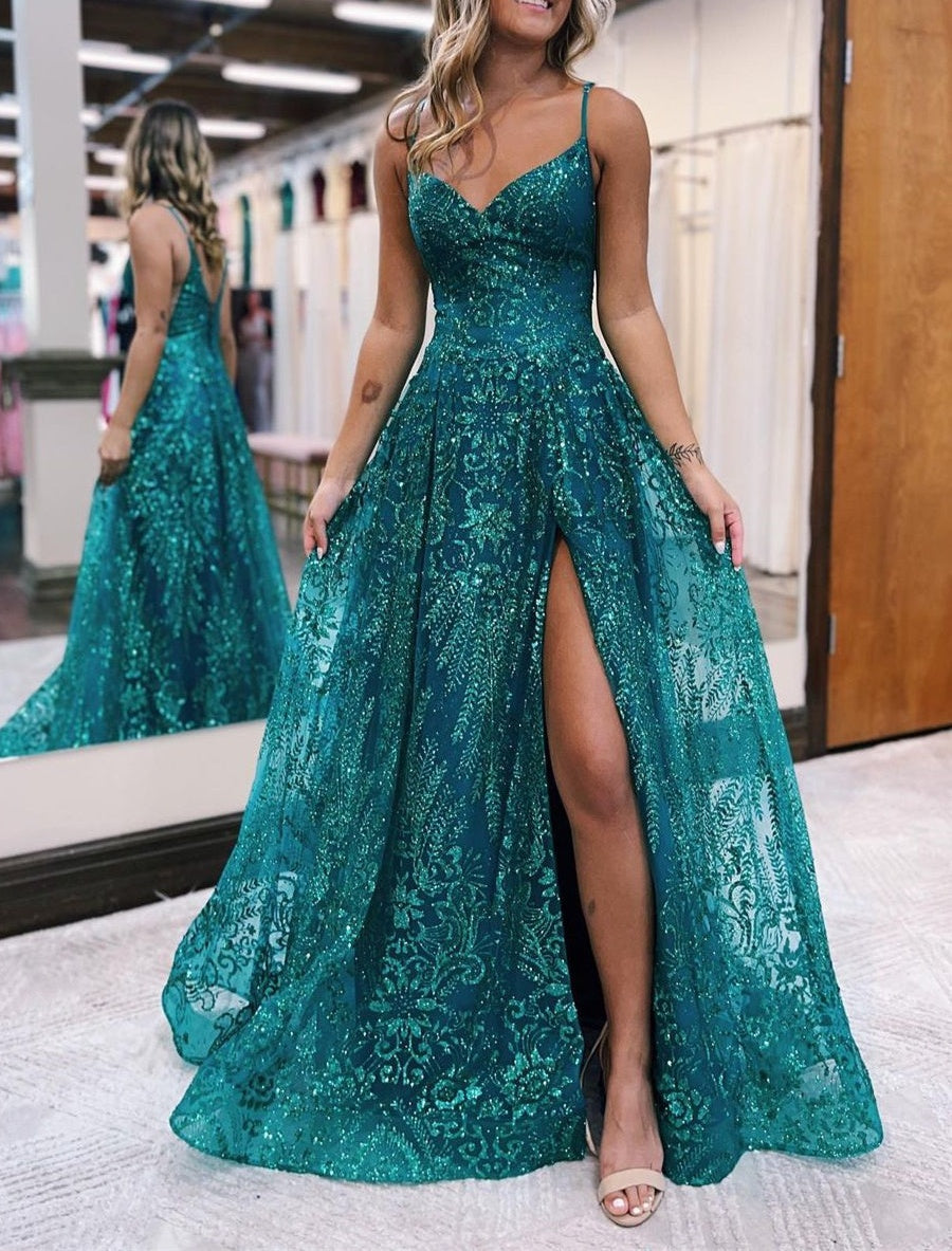 Elegant Long A-line Spaghetti Straps Lace Sleeveless Evening Prom Dresses With Slit