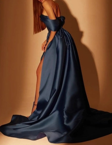 Fabulous Long Navy Blue A-line Off-the-shoulder Prom Dresses With Split Online