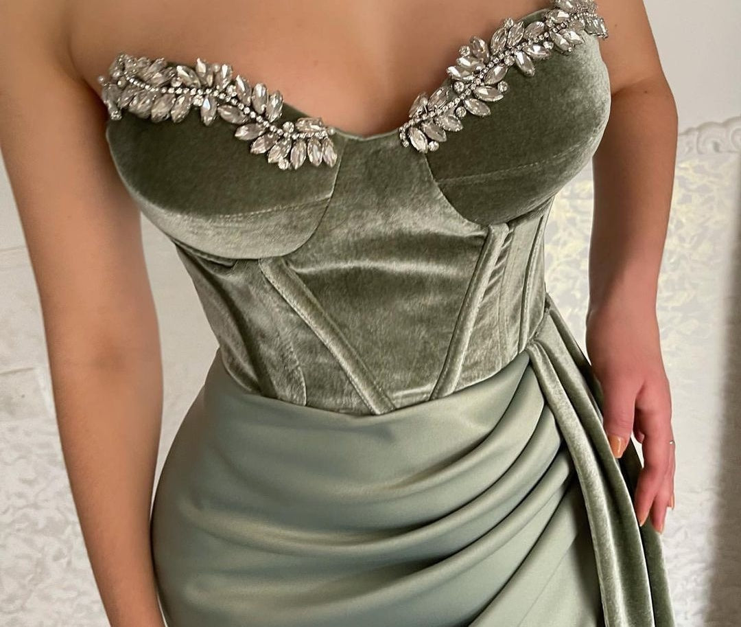 Charming Long Green Strapless Velvet Prom Dresses Long Slit Online