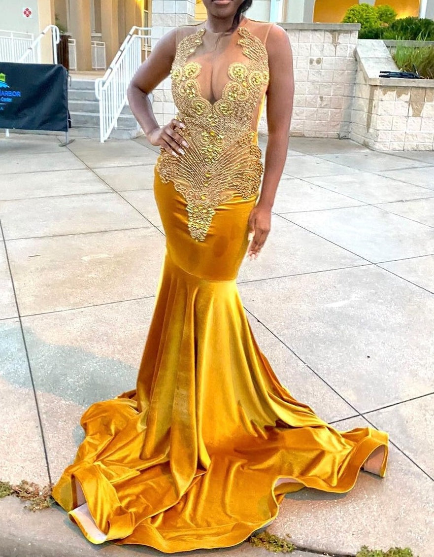 V-neck Gold Velvet Sleeveless Mermaid Long Court Train Prom Dresses