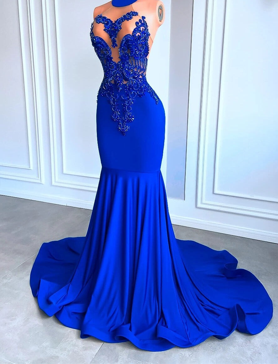 Royal Blue High Neck Sleeveless Mermaid Prom Dress with Beadings