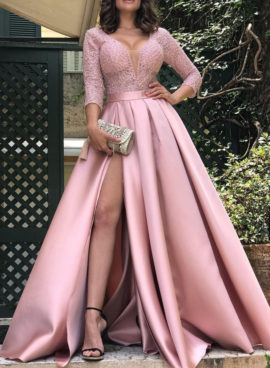 Glamorous 3/4 Sleeves Lace Prom Dress Long With Slit Online
