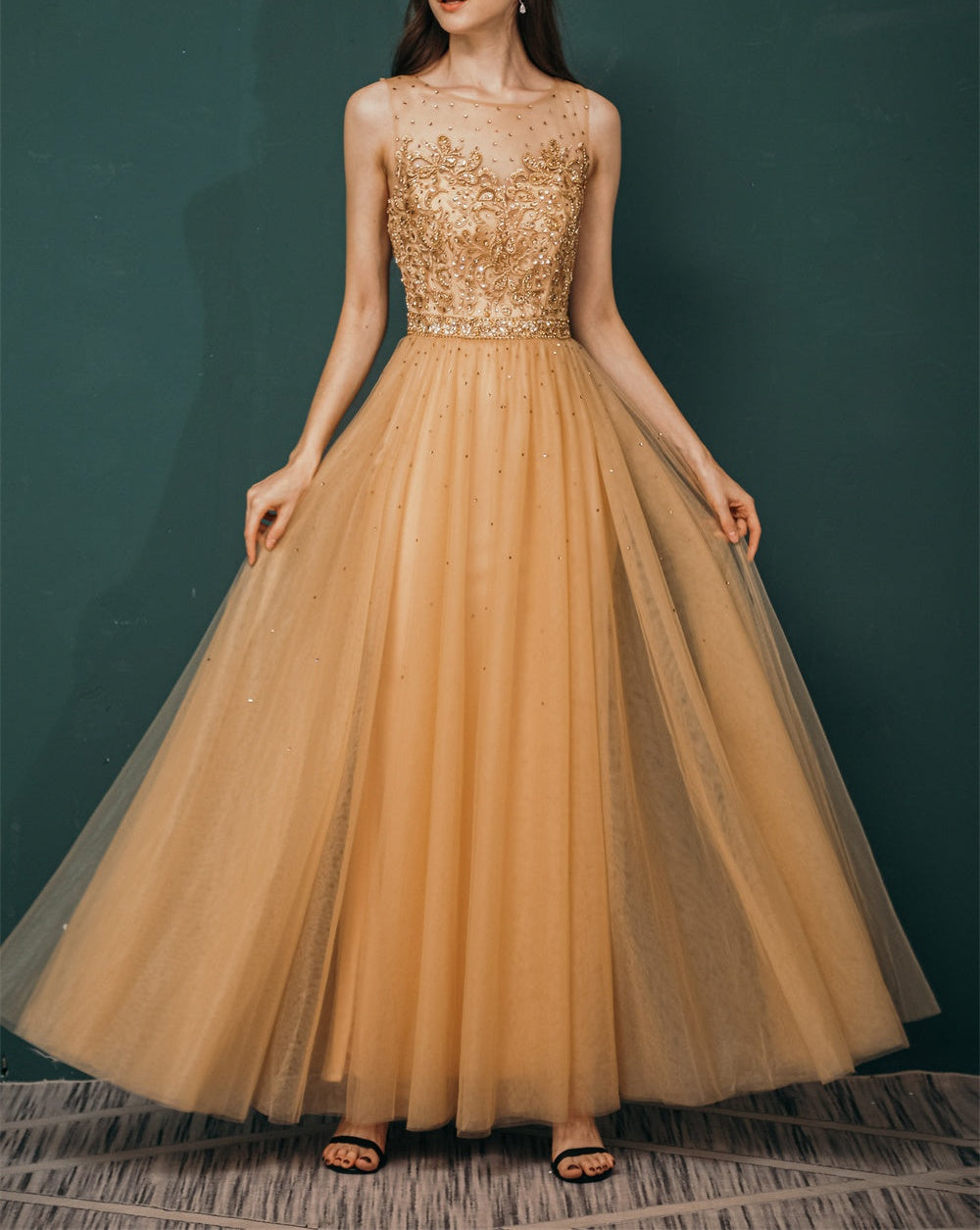 Gold Illusion neck Beaded Appliques Prom Dress