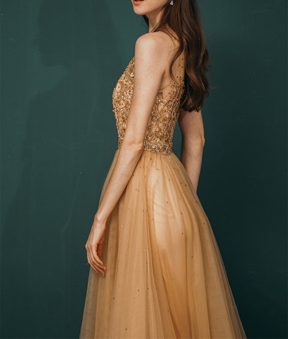 Gold Illusion neck Beaded Appliques Prom Dress