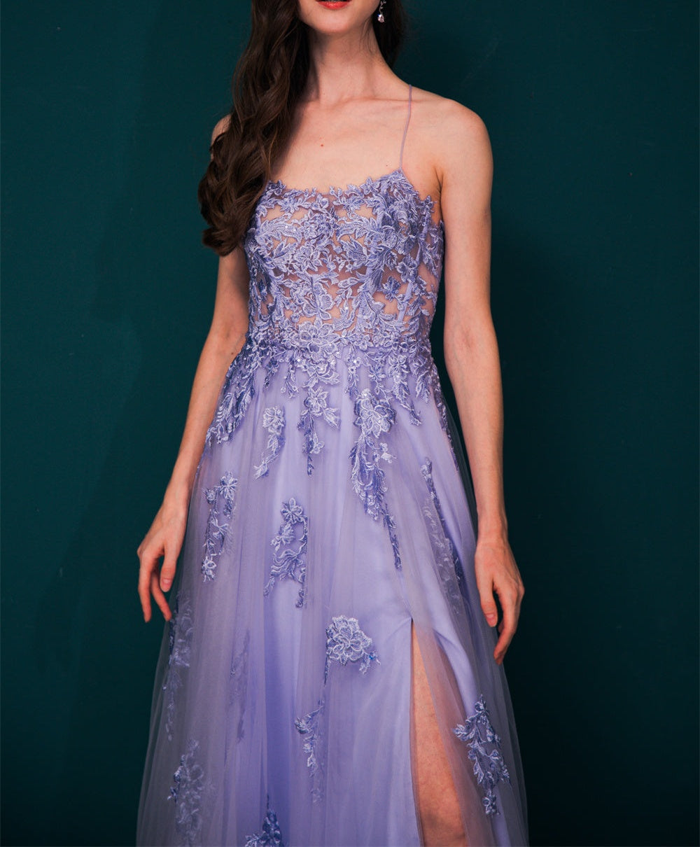 Lavender Spaghetti Strap Lace Appliques High split Prom Dress