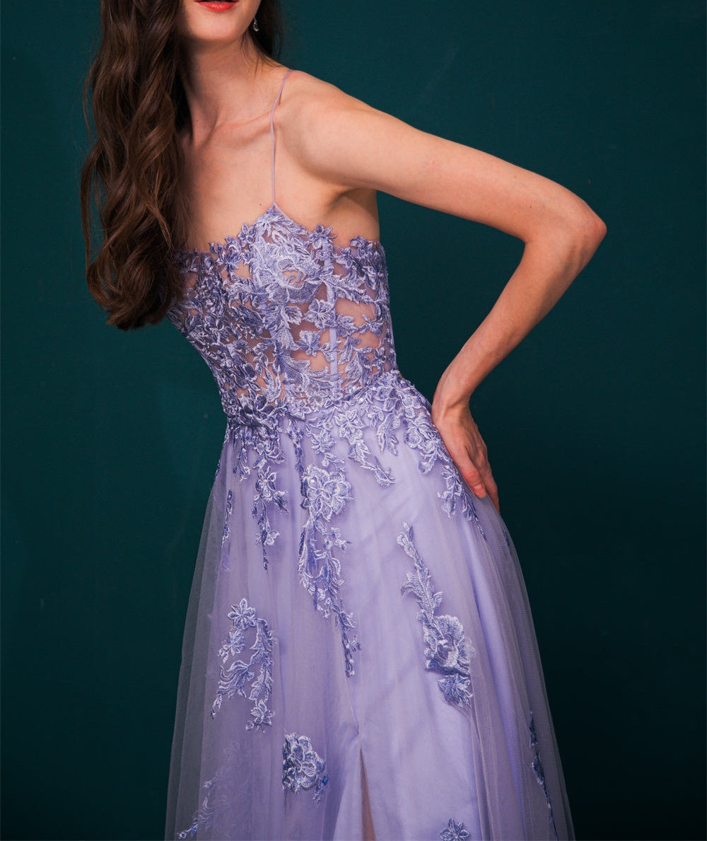 Lavender Spaghetti Strap Lace Appliques High split Prom Dress