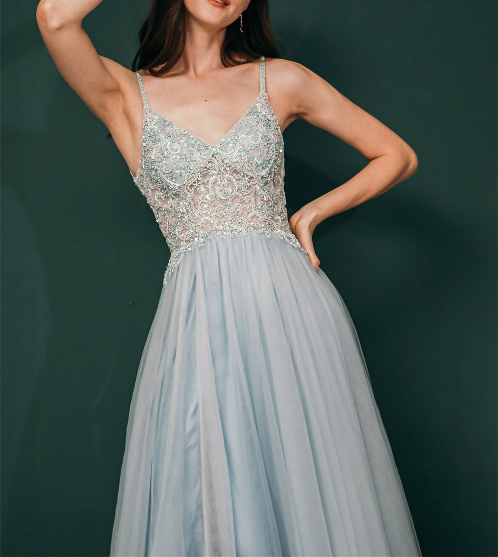 Light blue See-through Sparkle Appliques Prom Dress