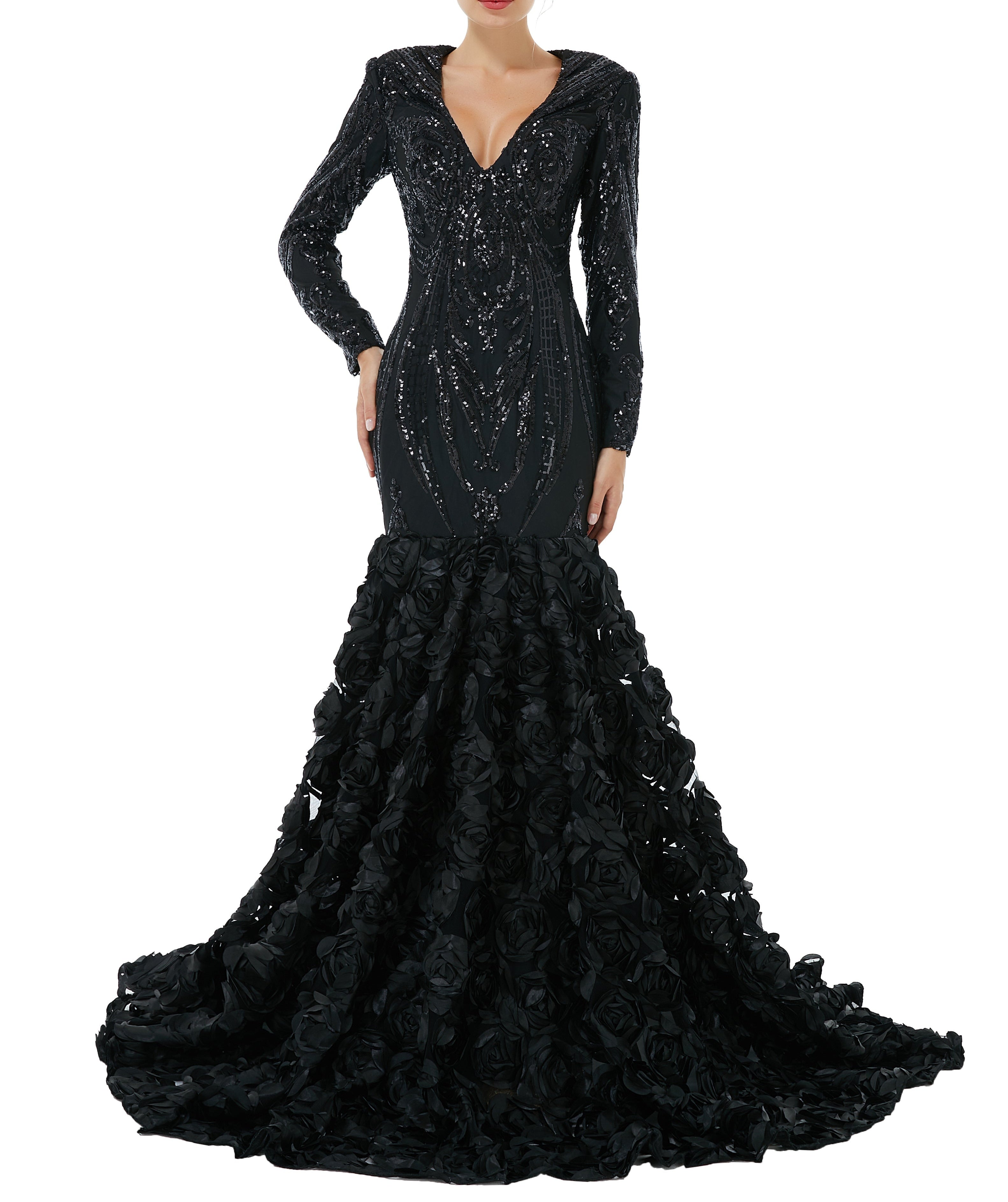 Sexy Sparkle Red Long sleeves V-neck Flowers Prom Dress | ombreprom Real Shooting