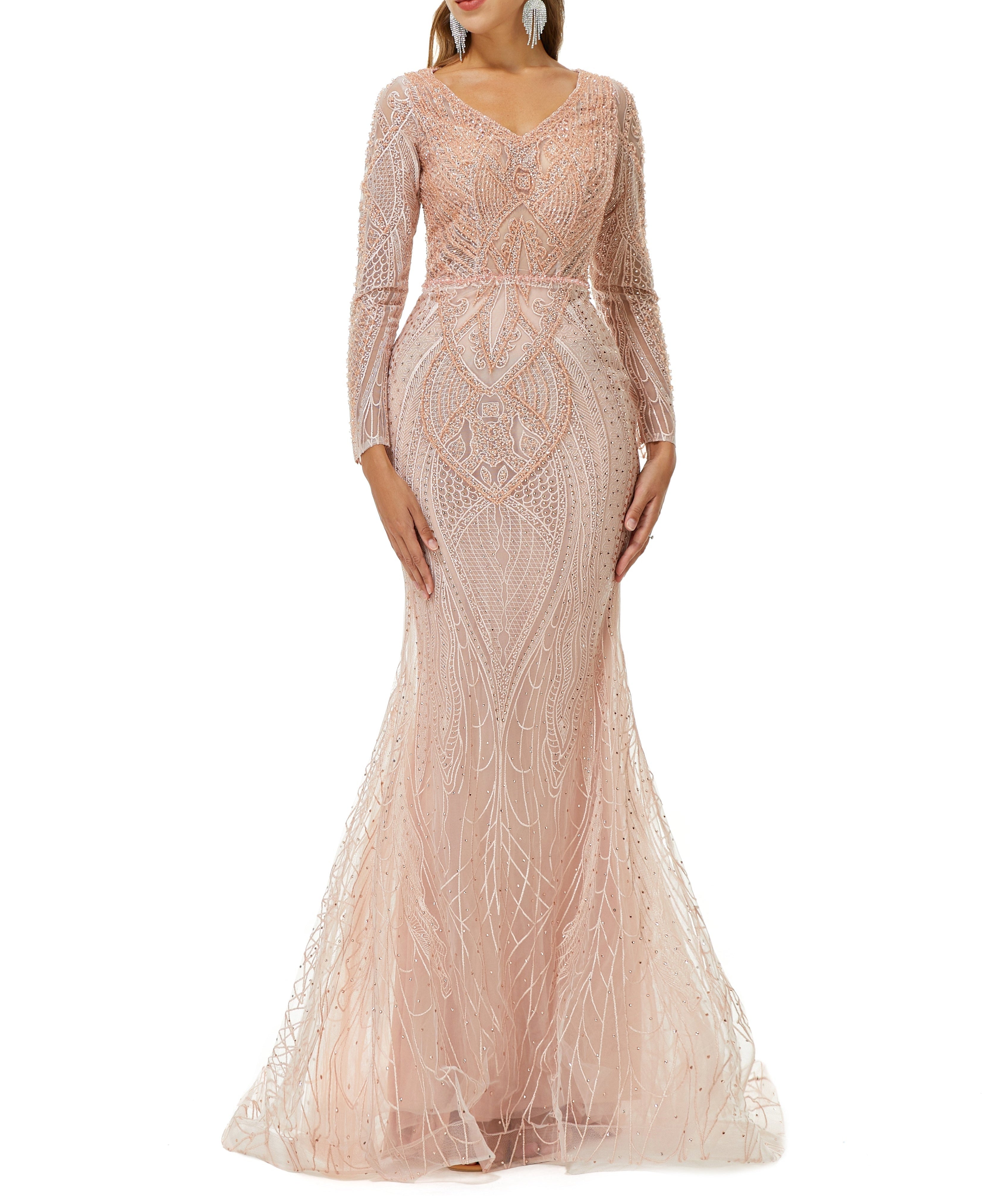 ombreprom Design | Sparkle Beaded Mermaid V-neck Long sleeves Prom Dresses