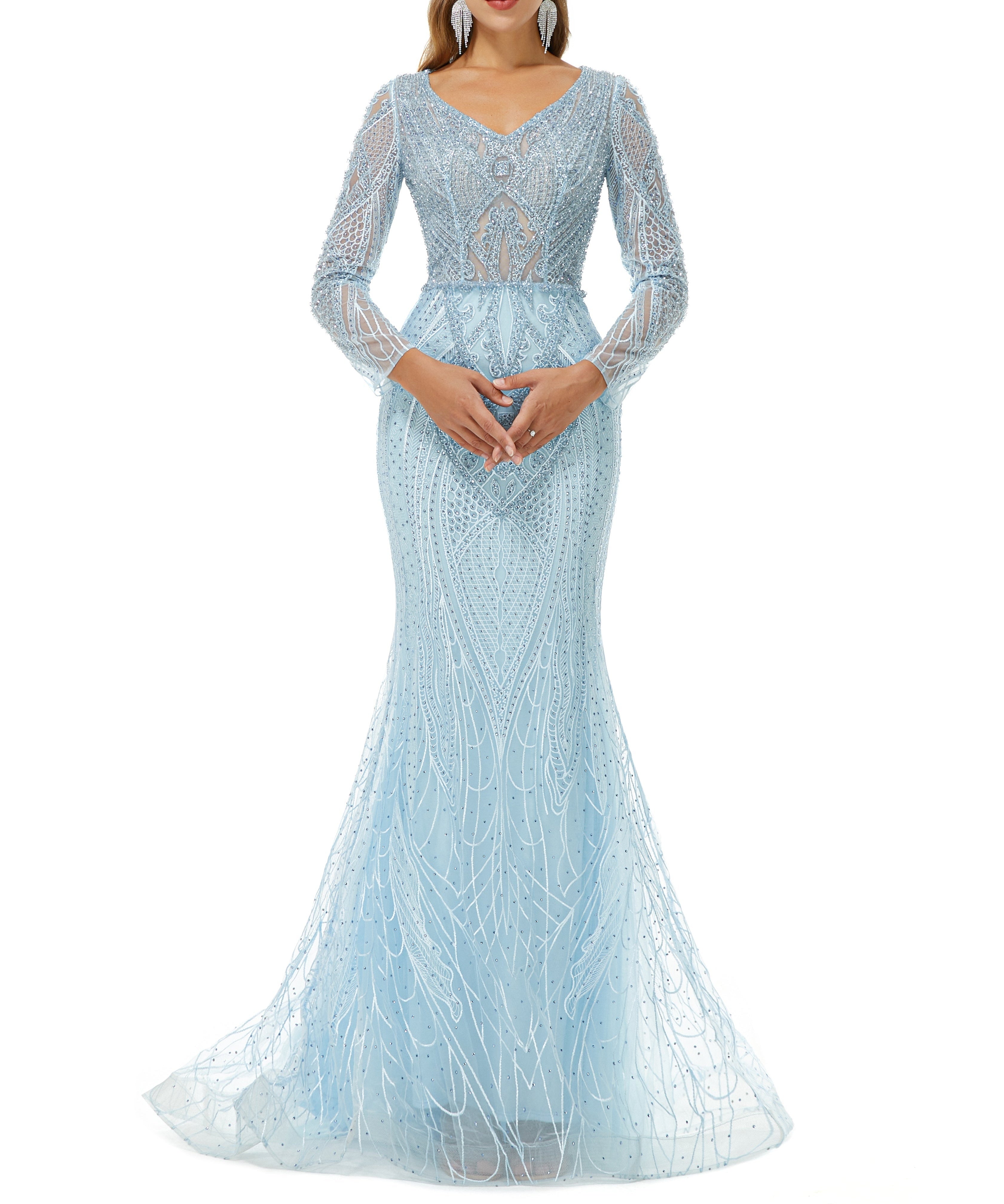 ombreprom Design | Sparkle Beaded Mermaid V-neck Long sleeves Prom Dresses
