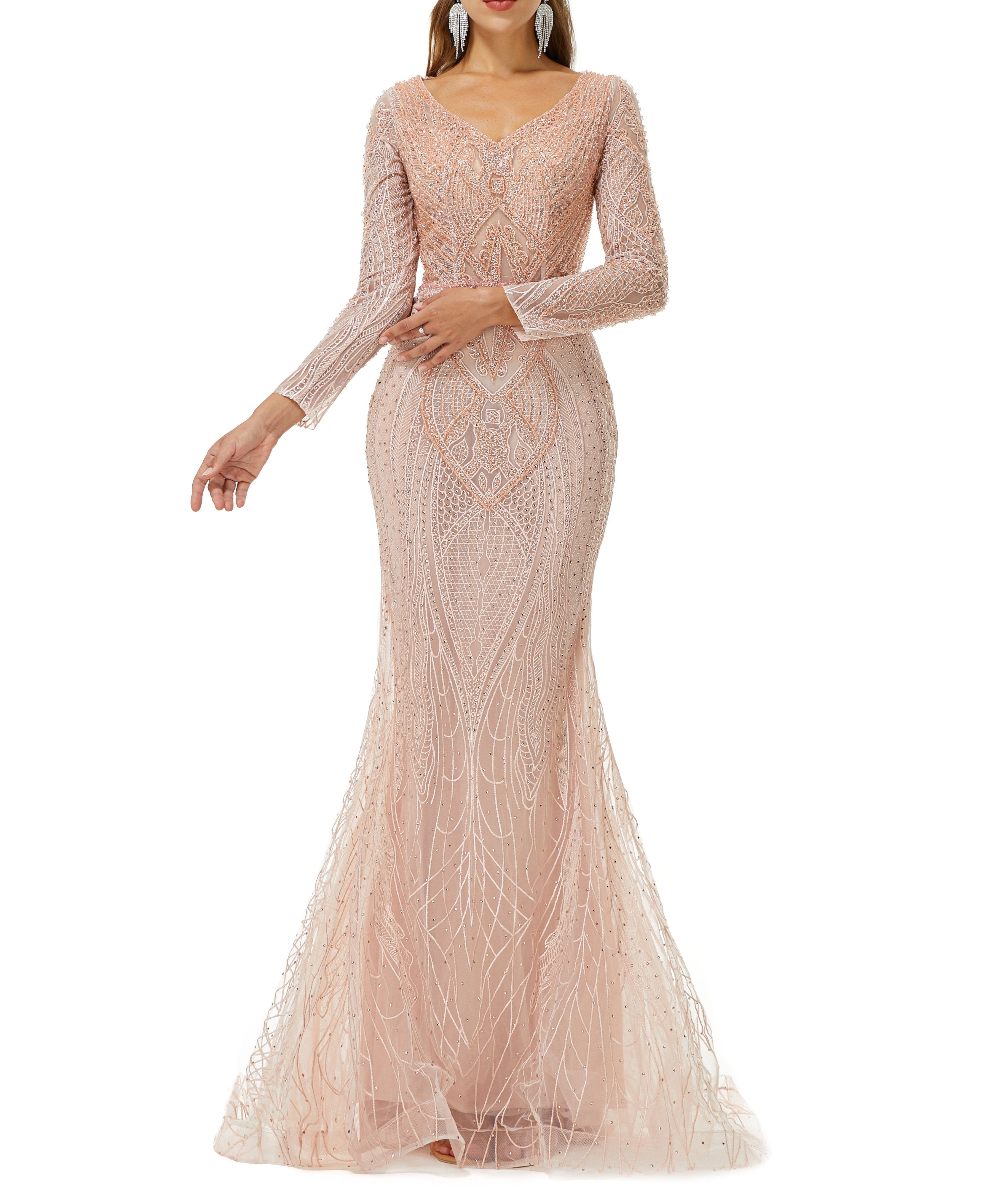 ombreprom Design | Sparkle Beaded Mermaid V-neck Long sleeves Prom Dresses