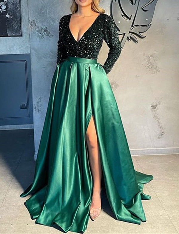Long Sleeves V-Neck Sequins Prom Dress Long With Slit Online