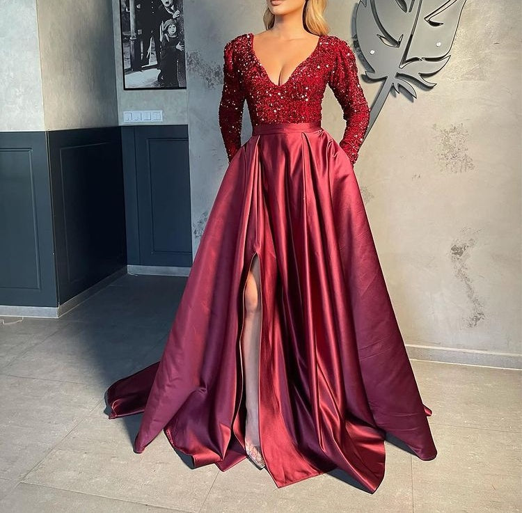 Long Sleeves V-Neck Sequins Prom Dress Long With Slit Online