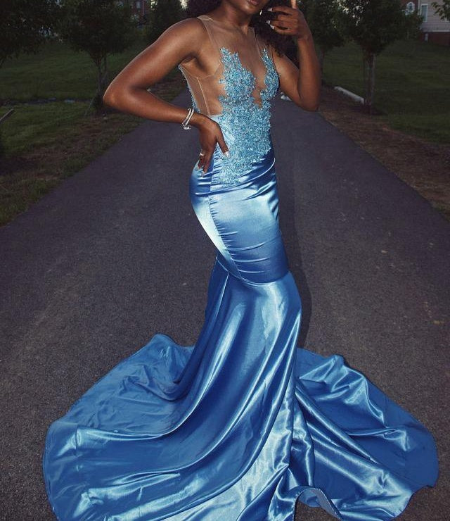 Sky Blue Silk-like Satin Mermaid Lace Appliques Prom Dresses