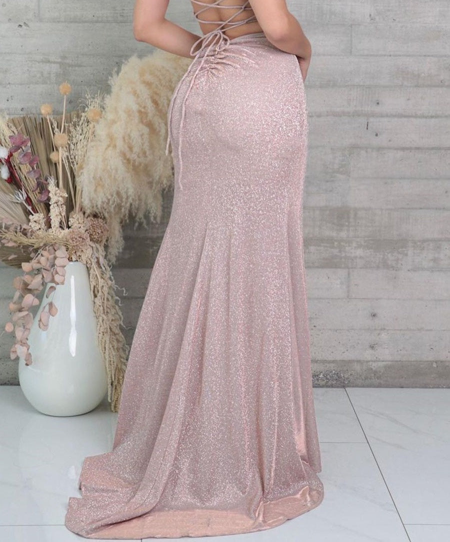 Chic Spaghetti Straps V Neck Sequined Prom Dresses High-Split Mermaid Party Gowns