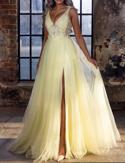 Classy V-Neck Yellow Sleeveless Prom Dresses Long On Sale