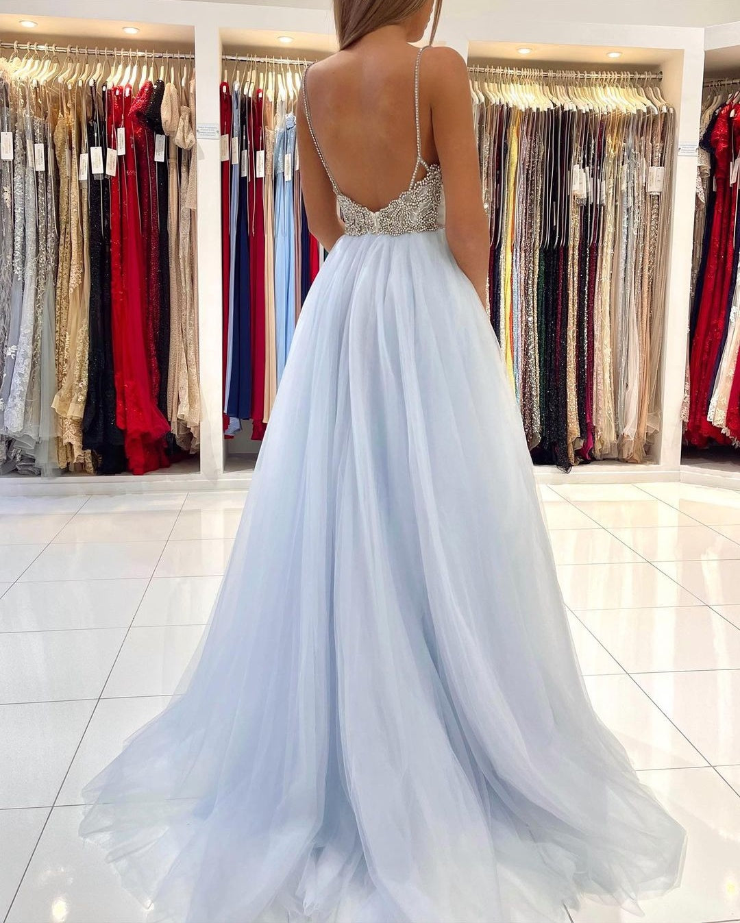 Glamorous Sweetheart Prom Dress Long Backless Tulle Evening Gowns
