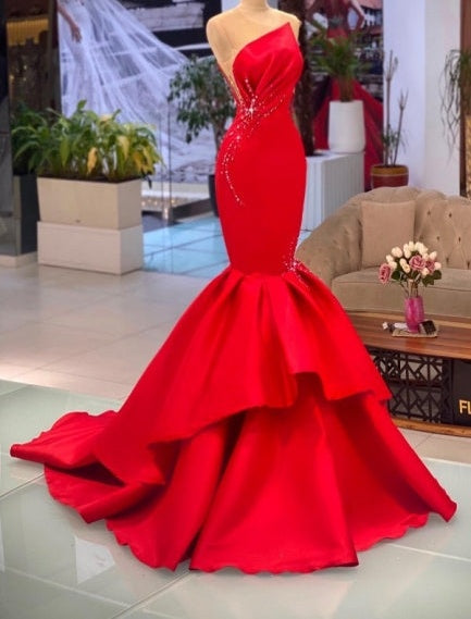 Chic Red Sleeveless Mermaid Prom dresses Long Evening Party Gowns