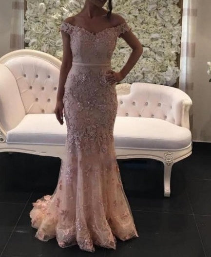 Glamorous Pink Off-the-shouder Prom Dresses Glitter Lace Mermaid Evening Gowns