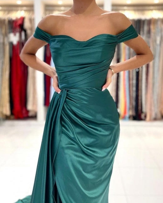 Modern Dark Green Off-the-shoulder Slit Mermaid Prom Dresses