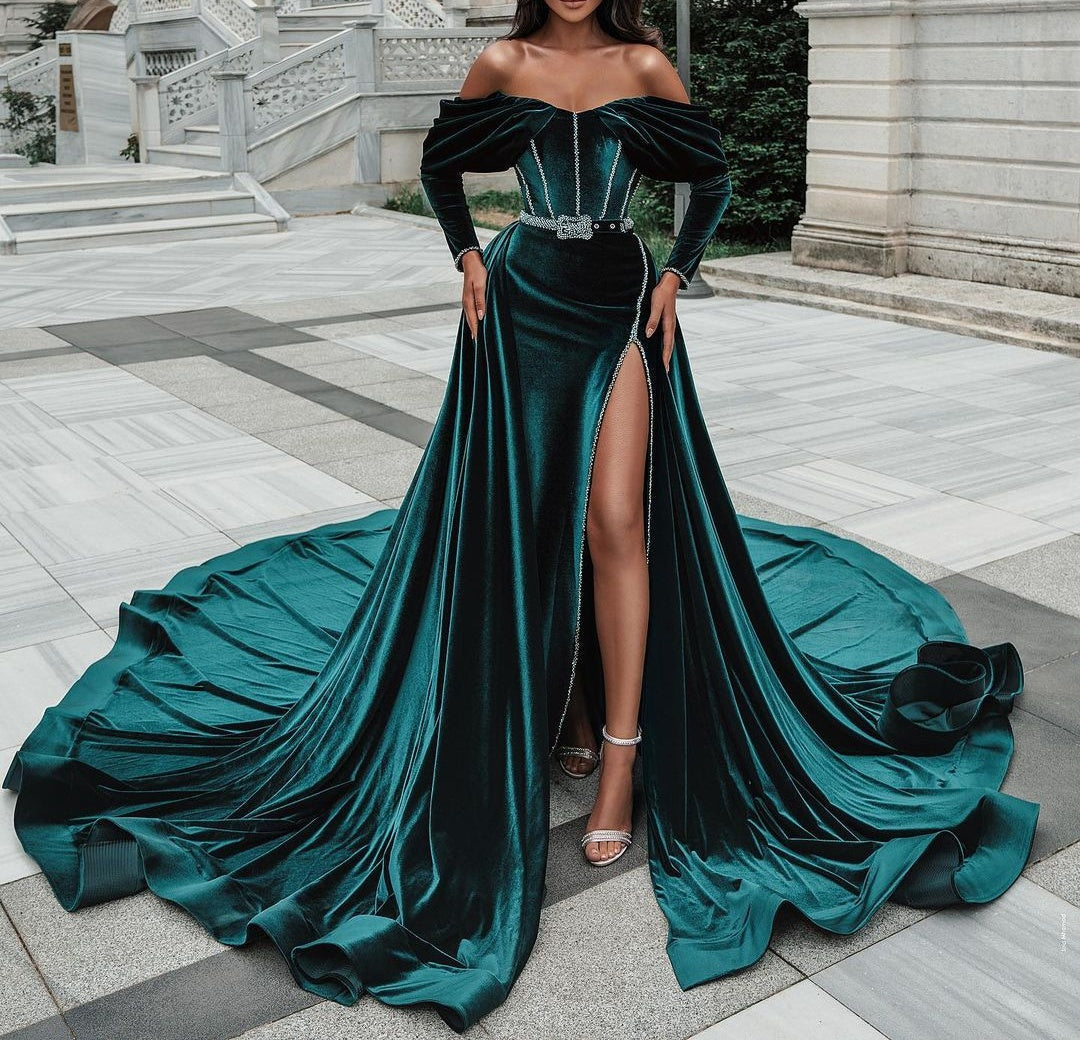 Off the shoulder Dark Green Velvet High split Prom Dress with detachable train