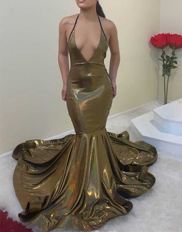 Halter Deep V-neck Sparkle Sleeveless Mermaid Long Prom Dresses