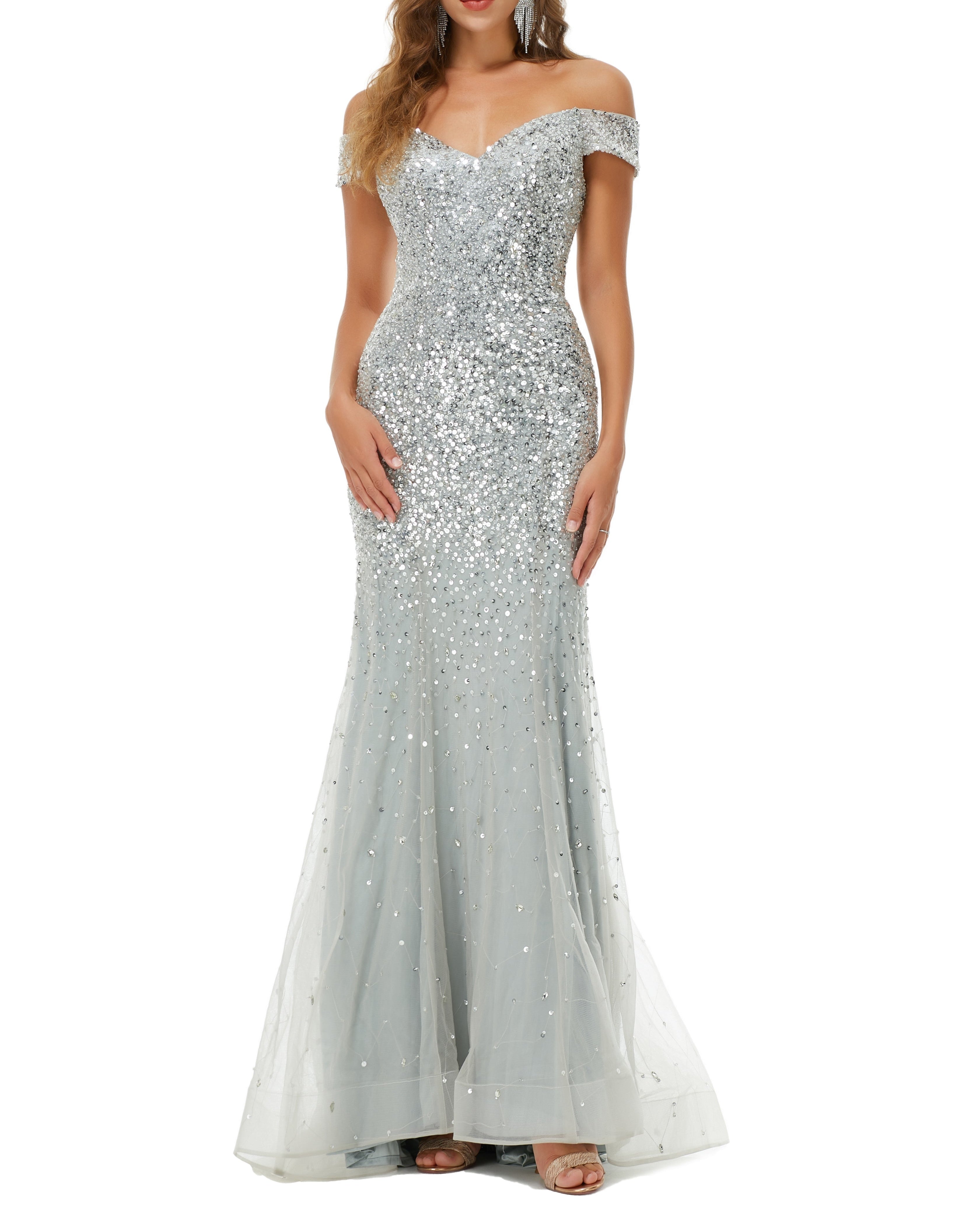 ombreprom Design | Sparkle Silver Mermaid Beaded Cap sleeves Off-the-shoulder Prom Dresses